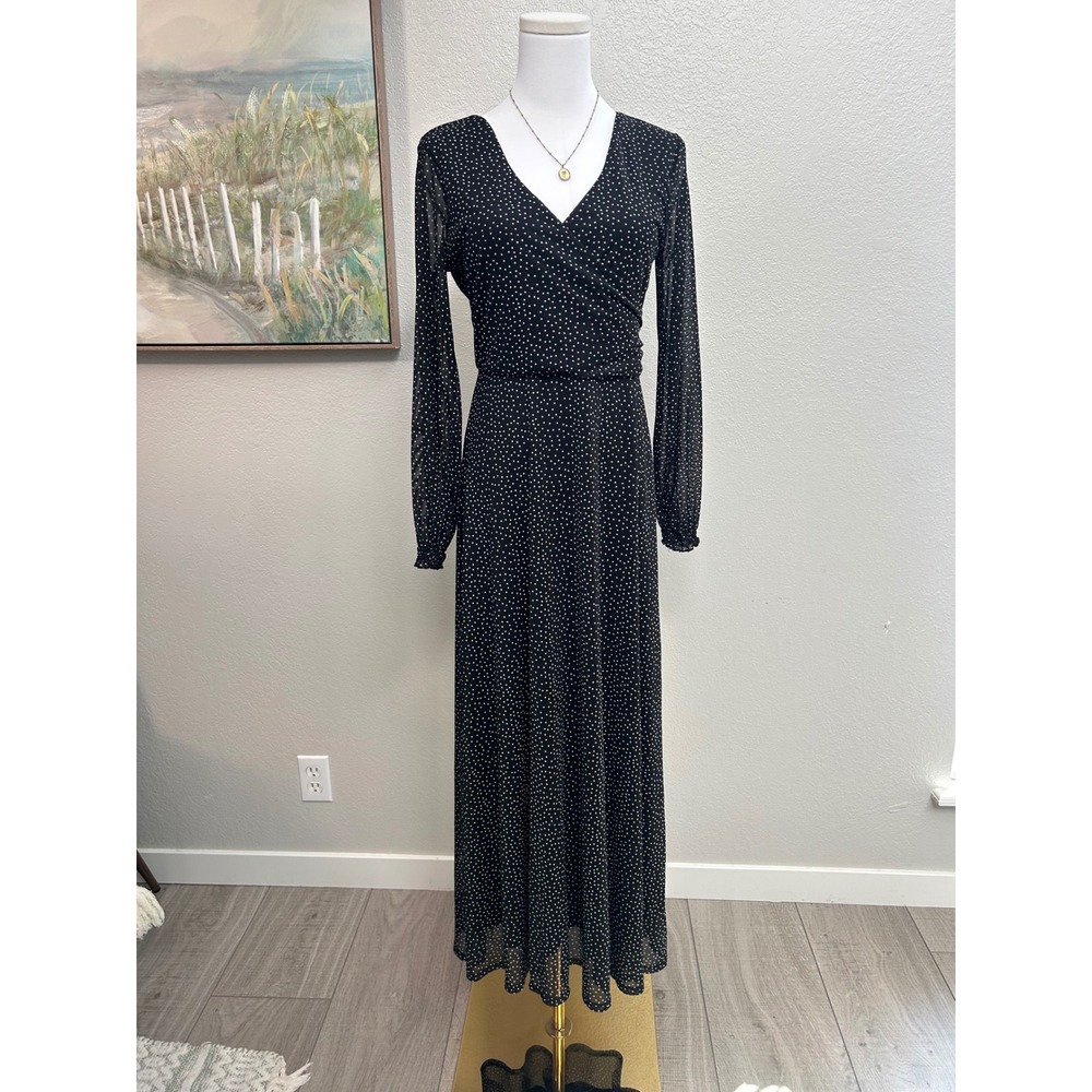 Black Polka‎ Dot Mesh Maxi Dress Long Sleeve